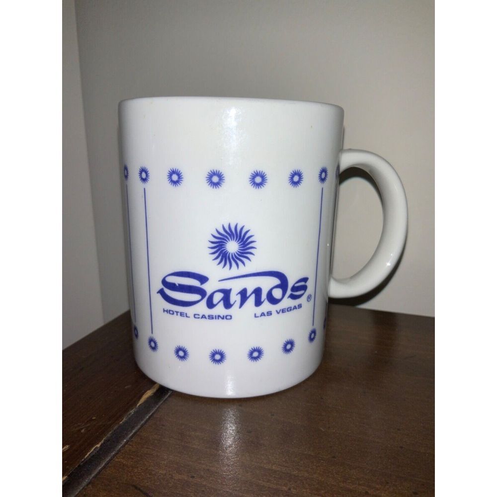 Sands Hotel and Casino Las Vegas Souvenir Coffee Mug‎ 9 FL Oz Cup White & Blue